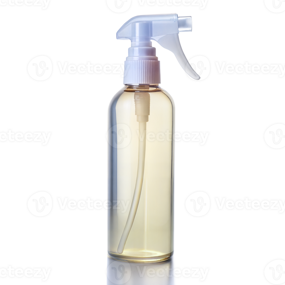 A sleek, clear spray bottle filled with a yellowish solution isolated on transparent png