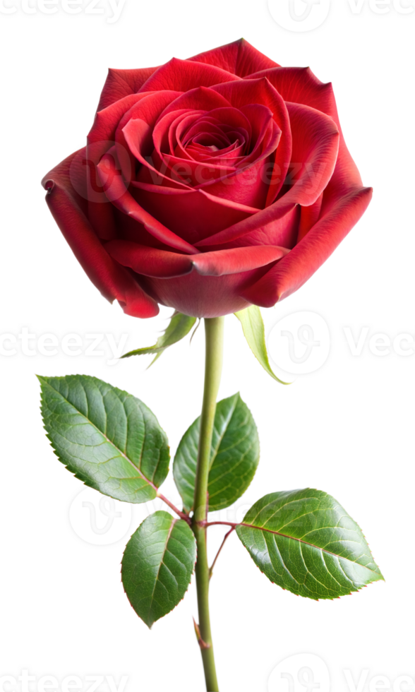Single red rose with green leaves in full bloom png