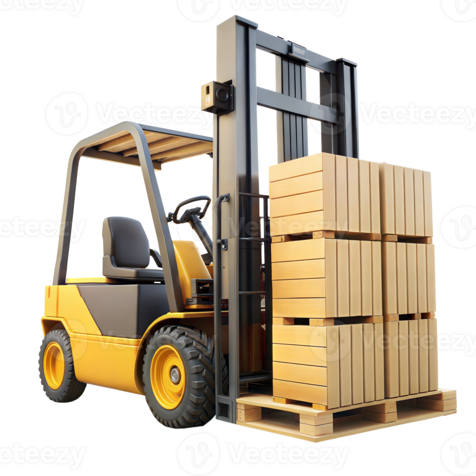 Forklift transporting stacked boxes on a pallet, indoors png