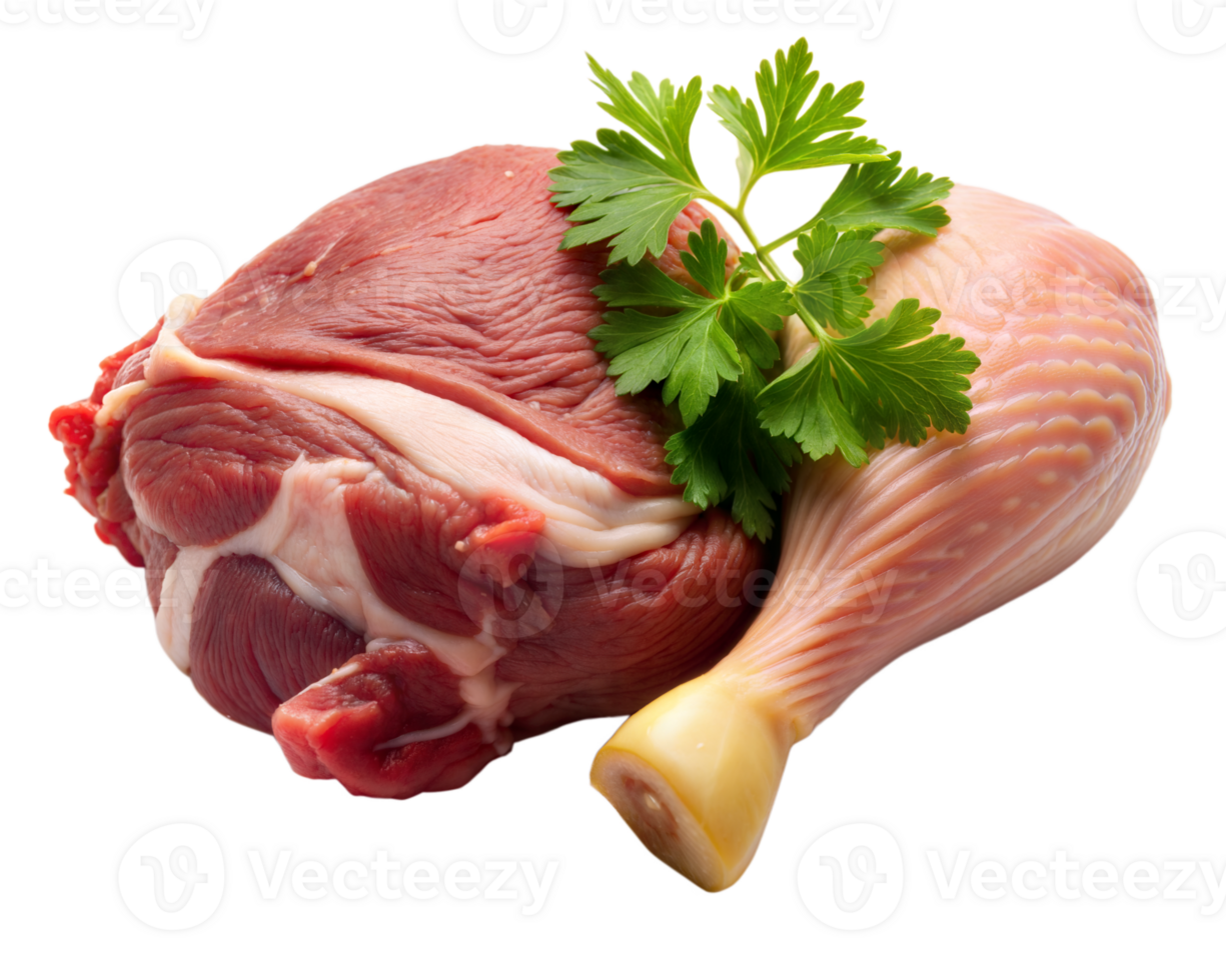 Raw beef and chicken leg with fresh parsley garnish png