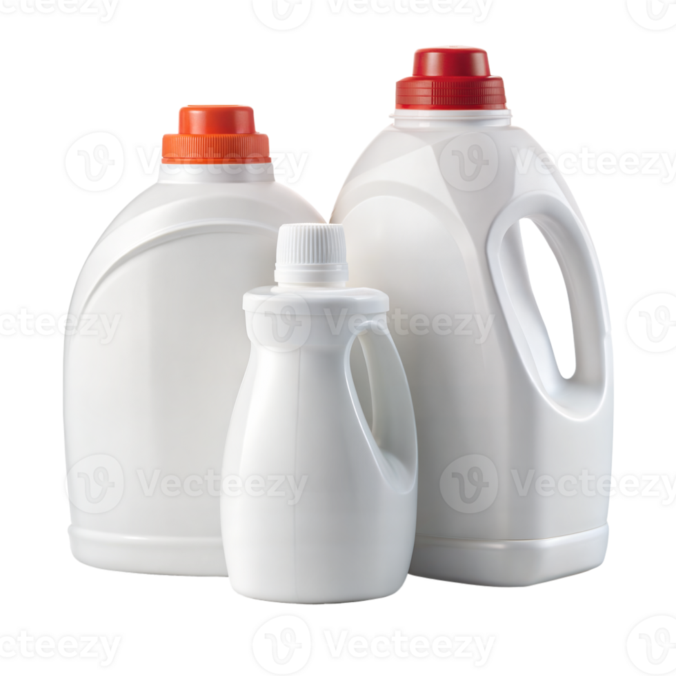 A trio of laundry detergent jugs, two large and one small, isolated on transparent png