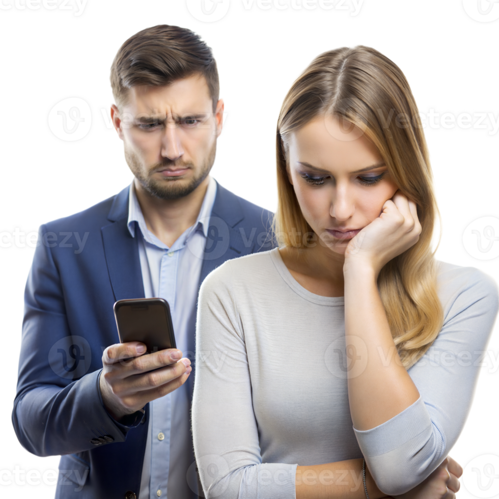 Man suspiciously looks at womans phone as she seems troubled png
