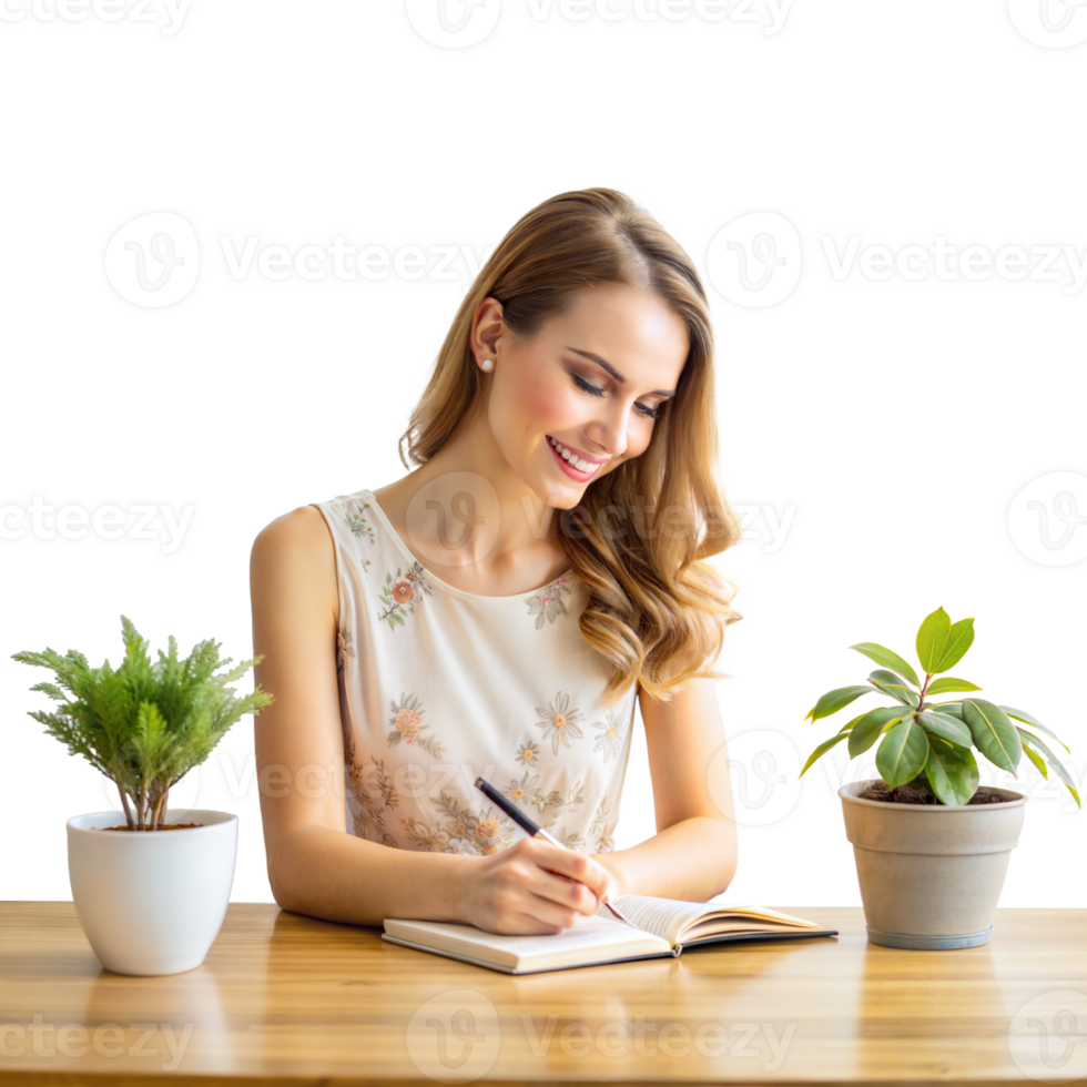 Woman writing in a notebook at desk with potted plants png