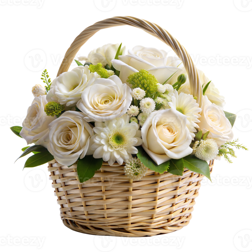 A basket filled with white roses and assorted blooms creates a classic bouquet png