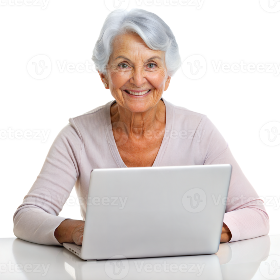 An elderly woman is happily smiling while sitting and using a laptop computer png