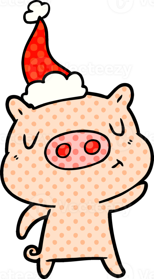 hand drawn comic book style illustration of a content pig wearing santa hat png