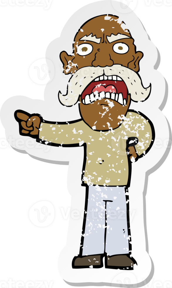 retro distressed sticker of a cartoon angry old man png