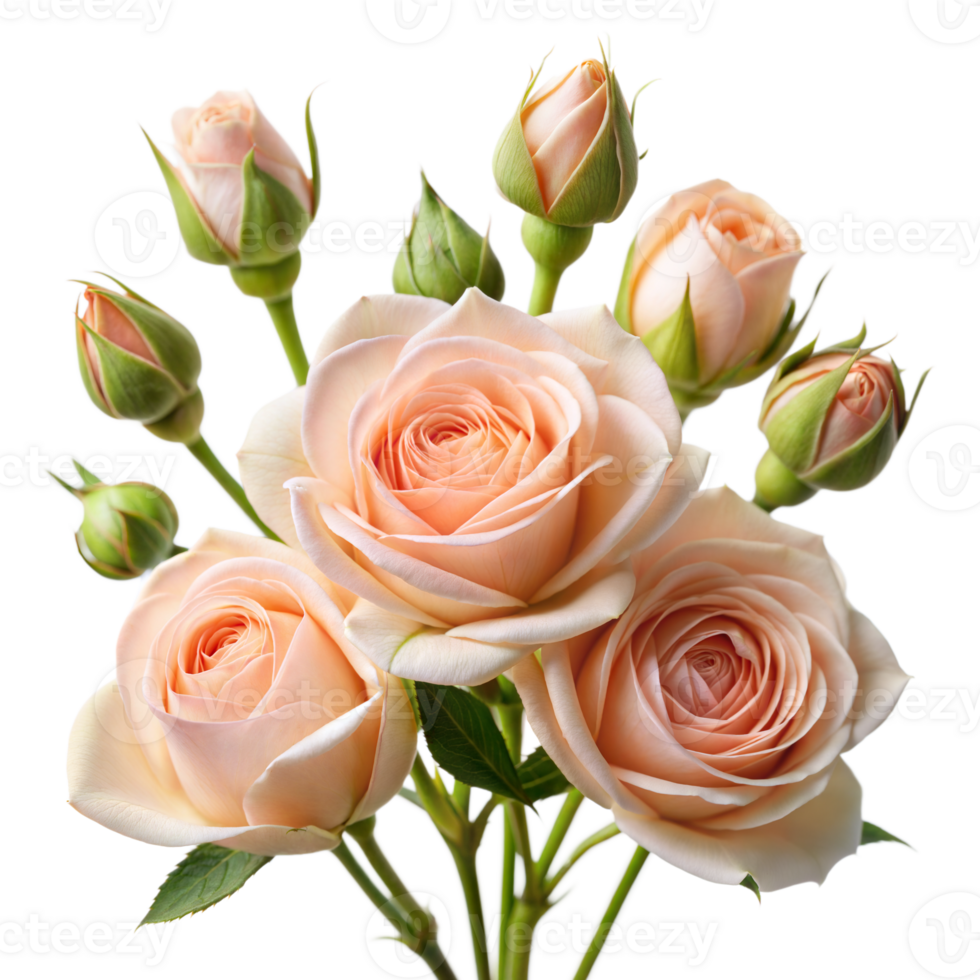 Beautiful bouquet of peach roses with buds in bloom png