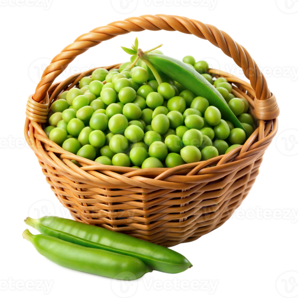 Fresh green peas in a wicker basket with pea pods png