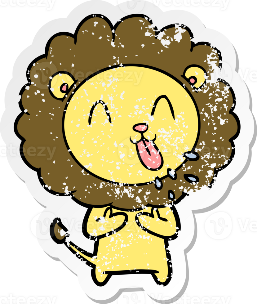 distressed sticker of a happy cartoon lion png