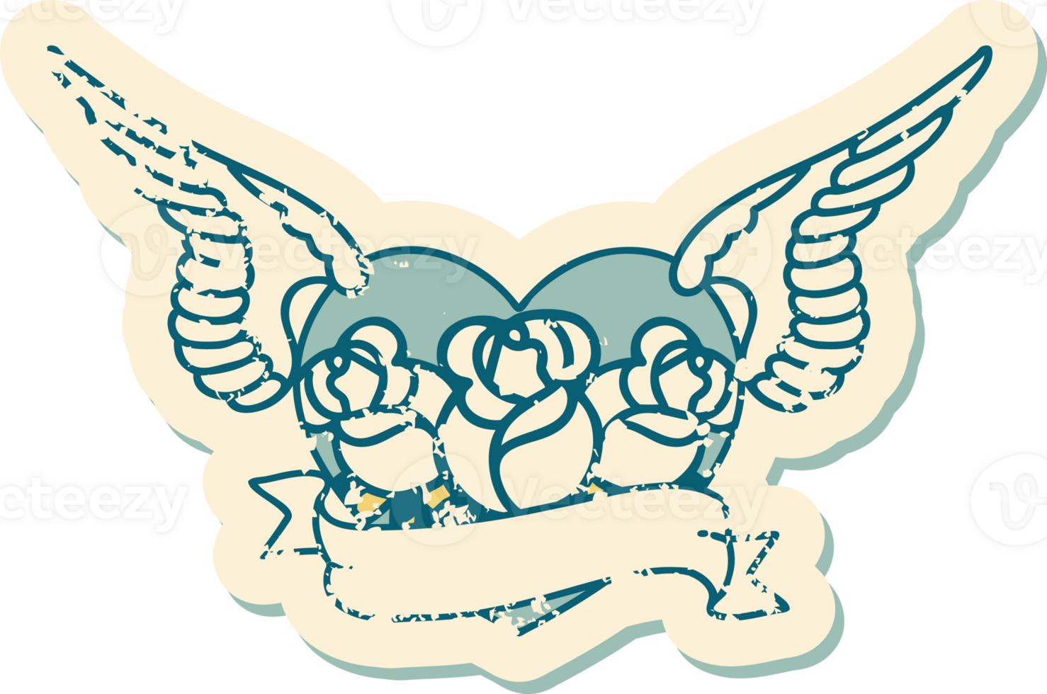 iconic distressed sticker tattoo style image of a flying heart with flowers and banner png