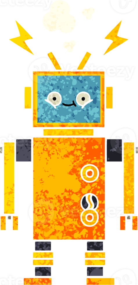 retro illustration style cartoon of a malfunctioning robot png