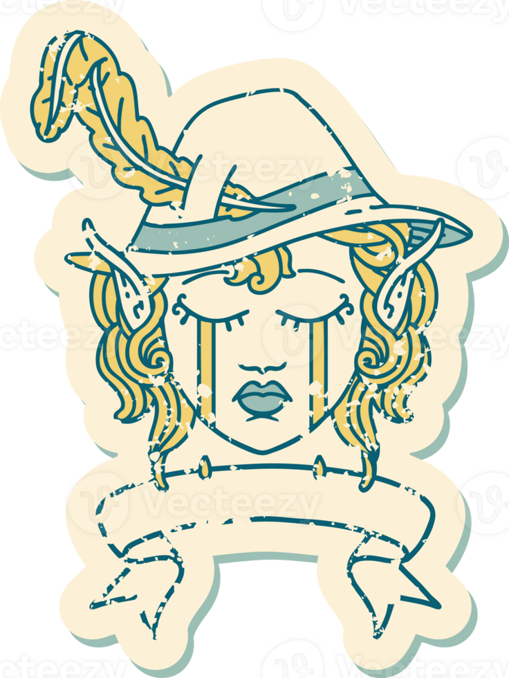 Retro Tattoo Style crying elf bard character face with banner png