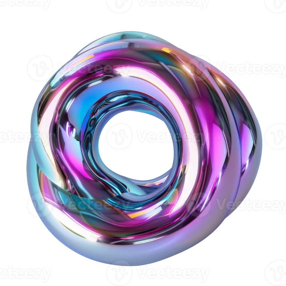 3D render of abstract holographic object with iridescent colors resembling liquid metal in motion on transparent background. Fluid, dynamic form with shiny reflections, appears made from metallic scales. Highlighting vibrant coloration and smooth curves. png