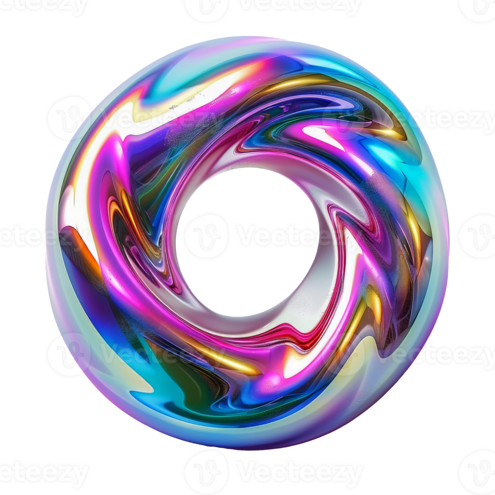 3D render of abstract holographic object with iridescent colors resembling liquid metal in motion on transparent background. Fluid, dynamic form with shiny reflections, appears made from metallic scales. Highlighting vibrant coloration and smooth curves. png