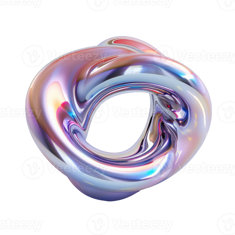 3D render of abstract holographic object with iridescent colors resembling liquid metal in motion on transparent background. Fluid, dynamic form with shiny reflections, appears made from metallic scales. Highlighting vibrant coloration and smooth curves. png