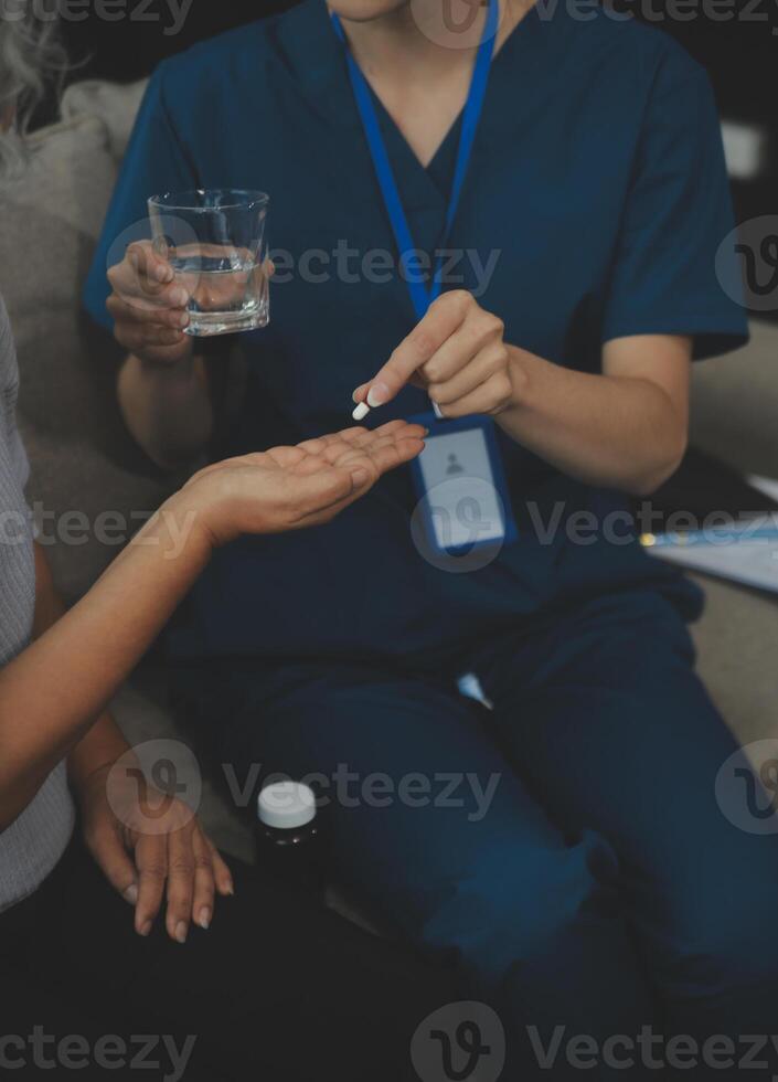 Doctors are giving advice on medication to patients in hospital examination rooms, treating diseases from specialists and providing targeted treatment. Concepts of medical treatment and specialists. photo