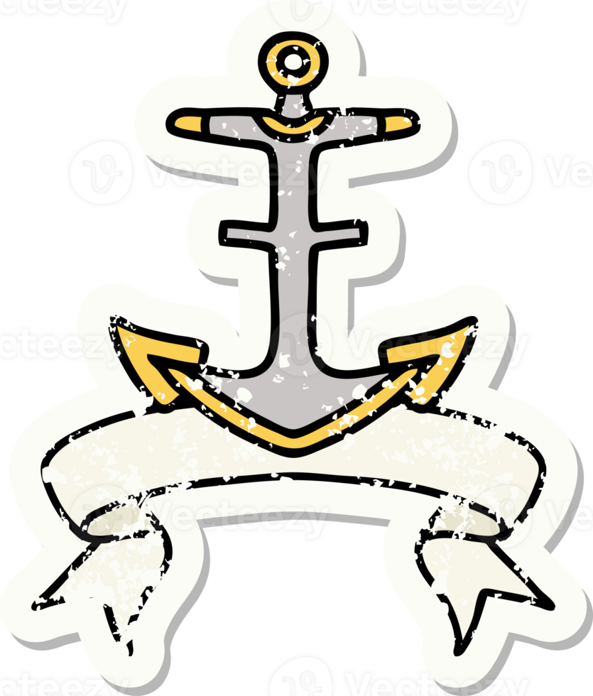 worn old sticker with banner of an anchor png