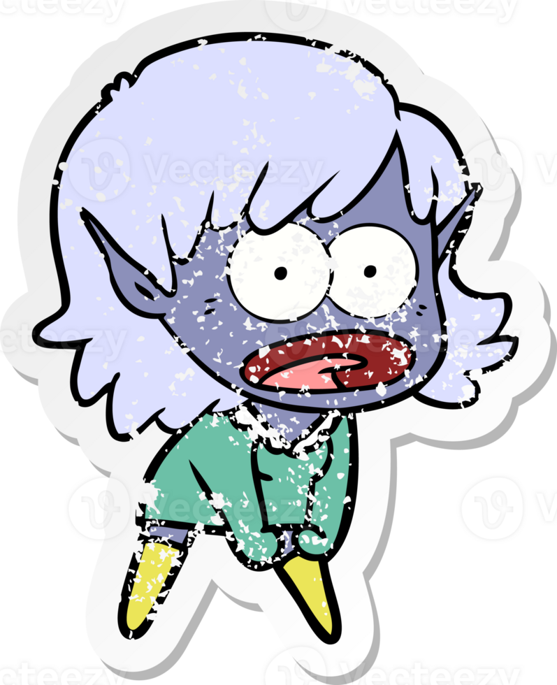 distressed sticker of a cartoon shocked elf girl png
