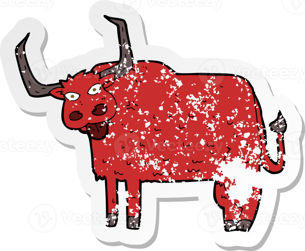 retro distressed sticker of a cartoon hairy cow png