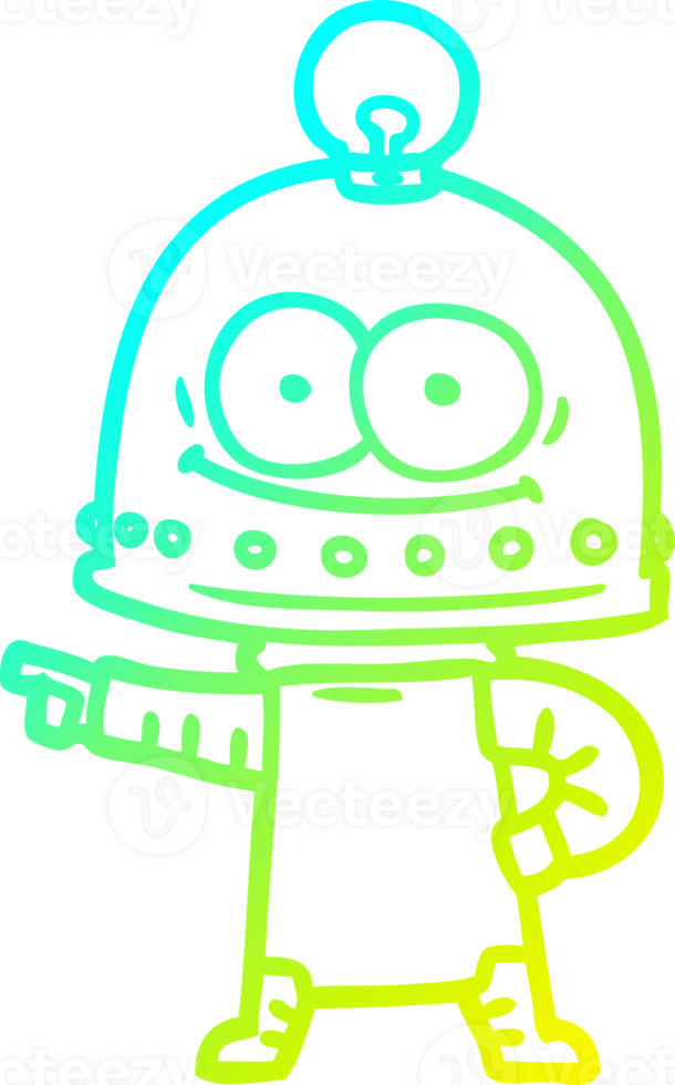 cold gradient line drawing of a happy carton robot with light bulb png