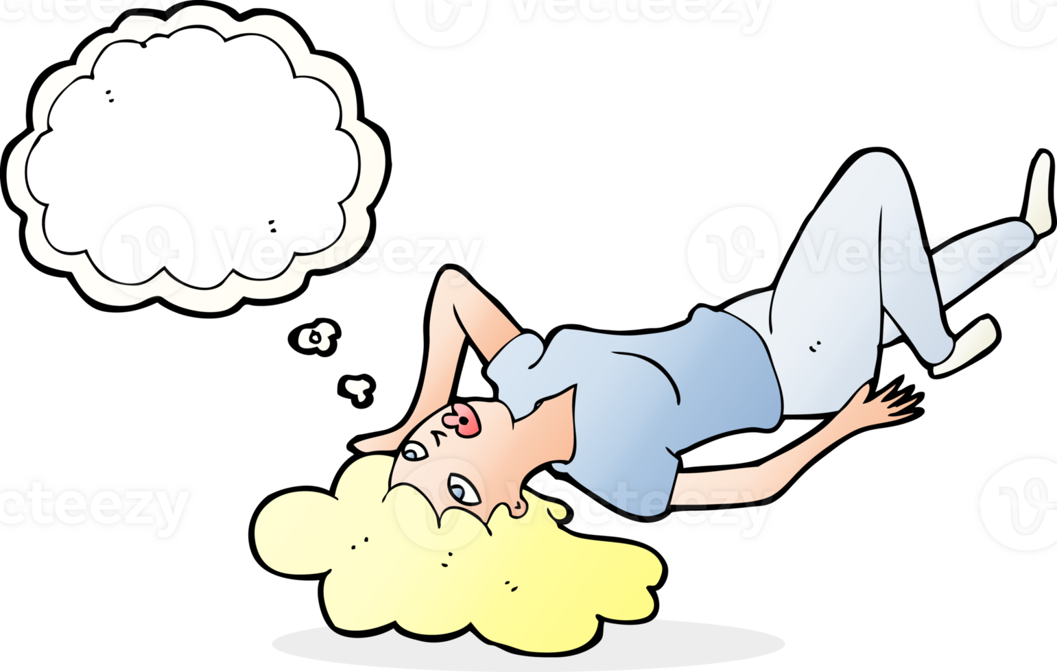 cartoon woman lying on floor with thought bubble png