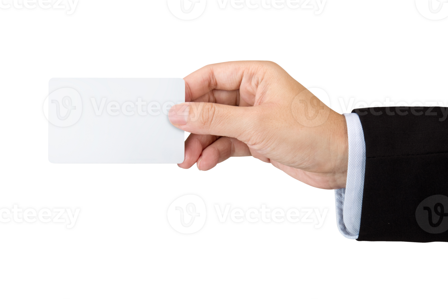 Hand hold blank white loyalty card mockup with rounded corners isolated on white png