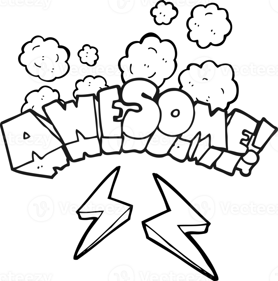 hand drawn black and white cartoon word awesome png