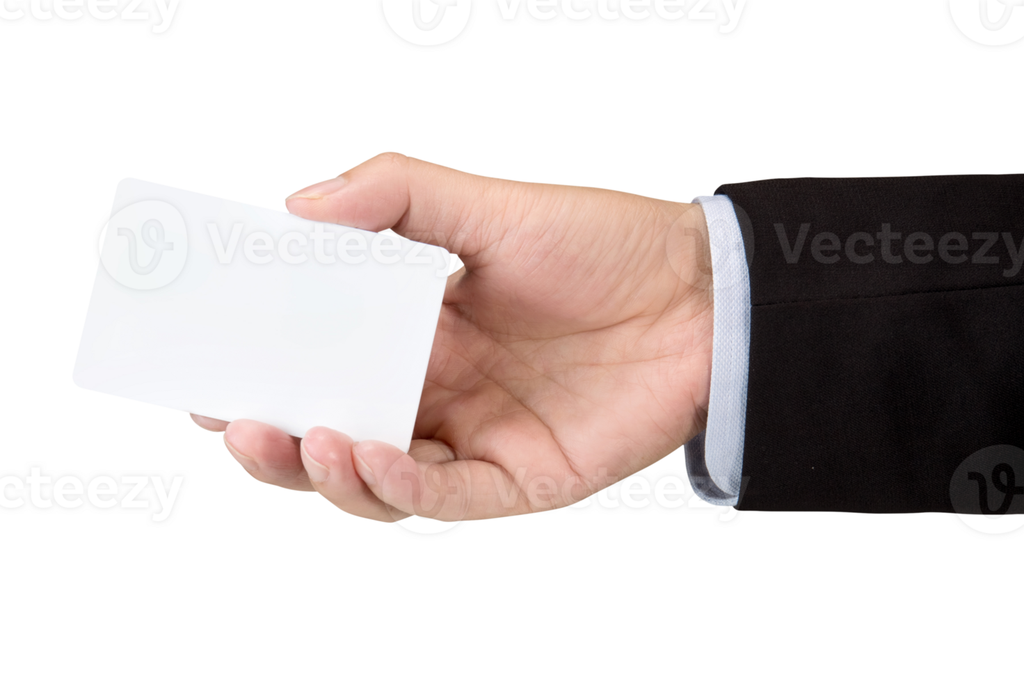 Hand hold blank white loyalty card mockup with rounded corners isolated on white with clipping path png