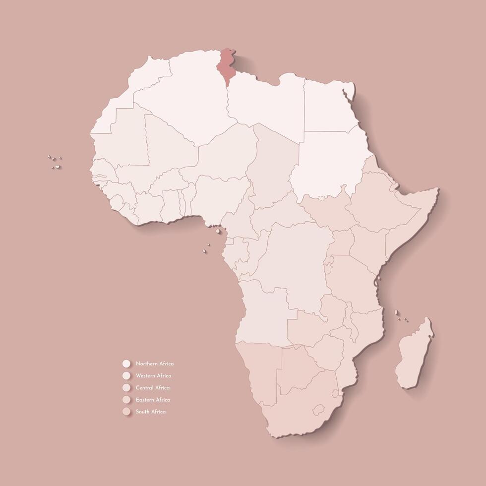 Illustration with African continent with borders of all states and marked country Tunisia. Political map in brown colors with western, south and etc regions. Beige background vector