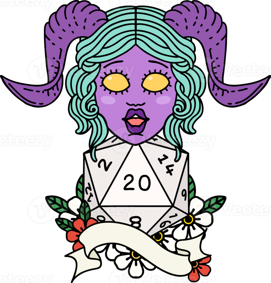 Retro Tattoo Style tiefling with natural twenty dice roll png