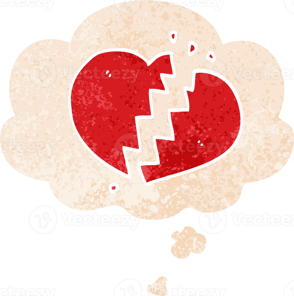 cartoon broken heart with thought bubble in grunge distressed retro textured style png
