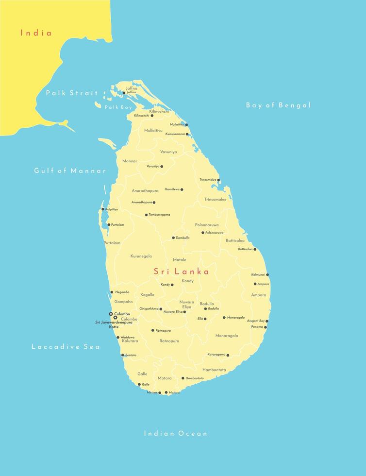 modern illustration. Simplified geographical map of Sri Lanka. Blue background of Indian Ocean, Bay of Bengal. Names of the cities and provinces vector