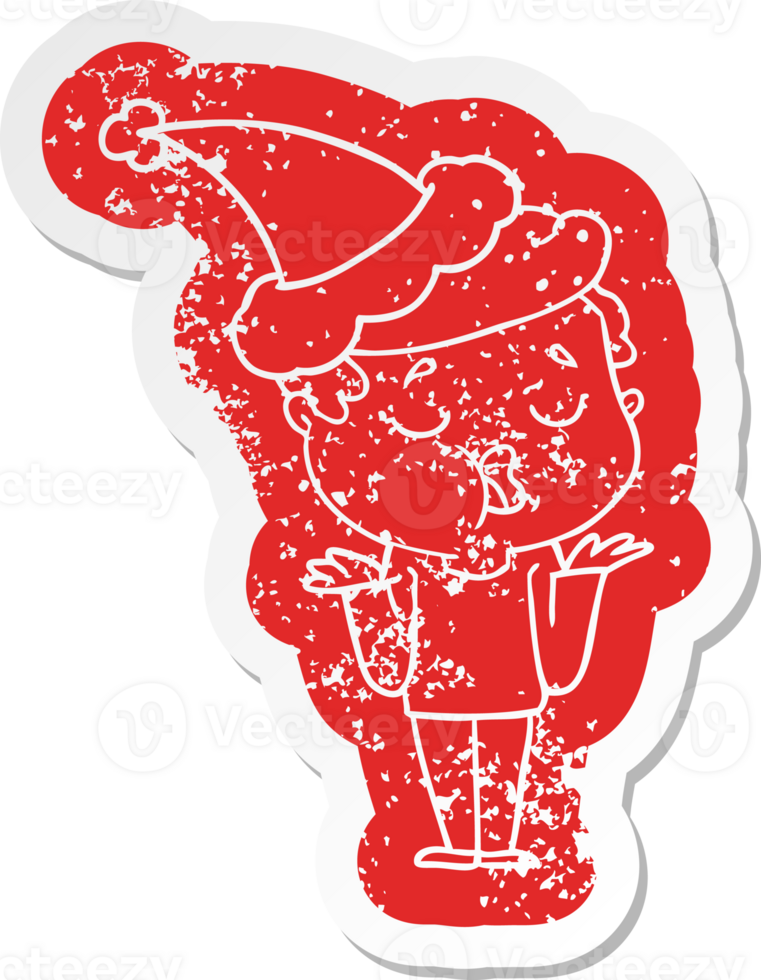 quirky cartoon distressed sticker of a man talking and shrugging shoulders wearing santa hat png