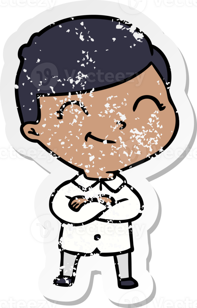 distressed sticker of a cartoon boy smiling png