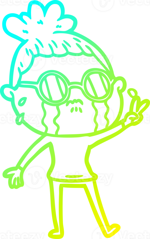 cold gradient line drawing of a cartoon crying woman wearing spectacles png