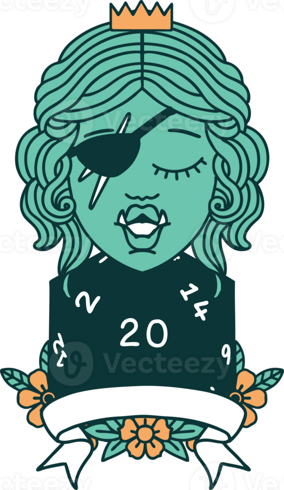Retro Tattoo Style half orc rogue character with natural twenty dice roll png
