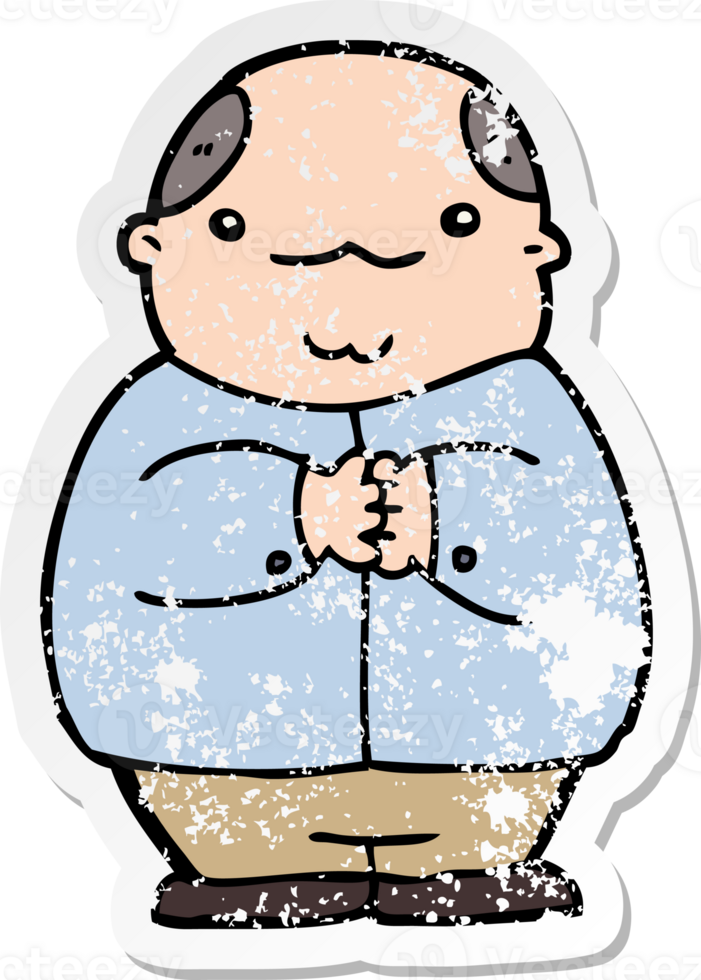 distressed sticker of a cartoon balding man png