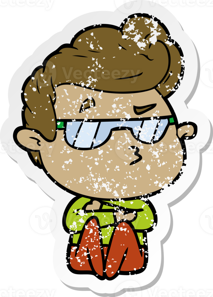 distressed sticker of a cartoon cool guy png