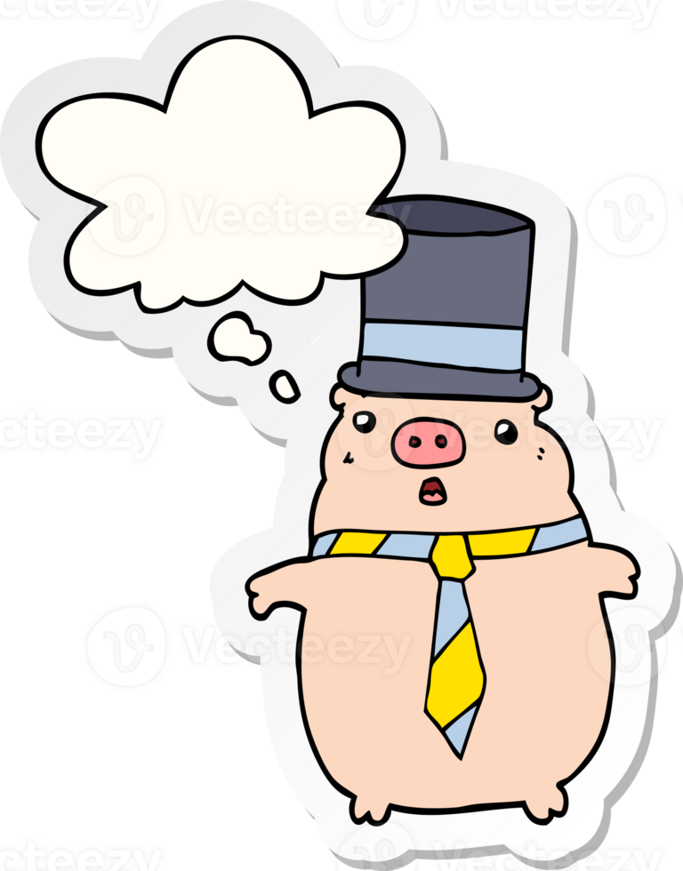 cartoon business pig with thought bubble as a printed sticker png