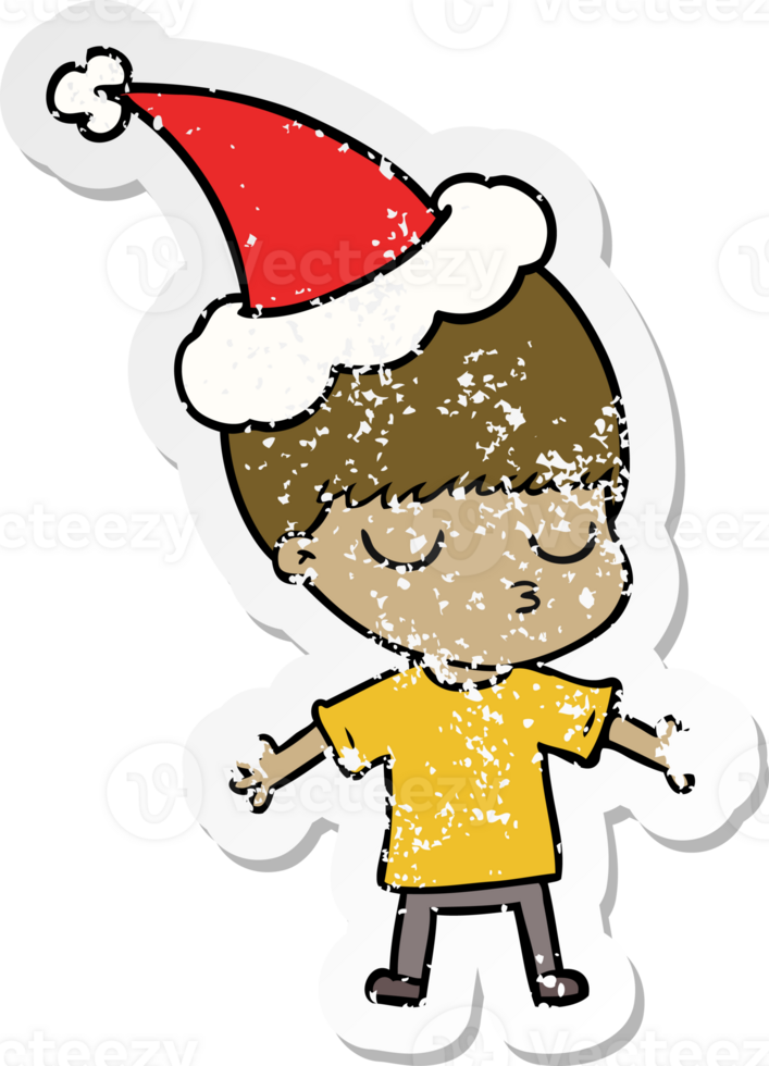 hand drawn distressed sticker cartoon of a calm boy wearing santa hat png