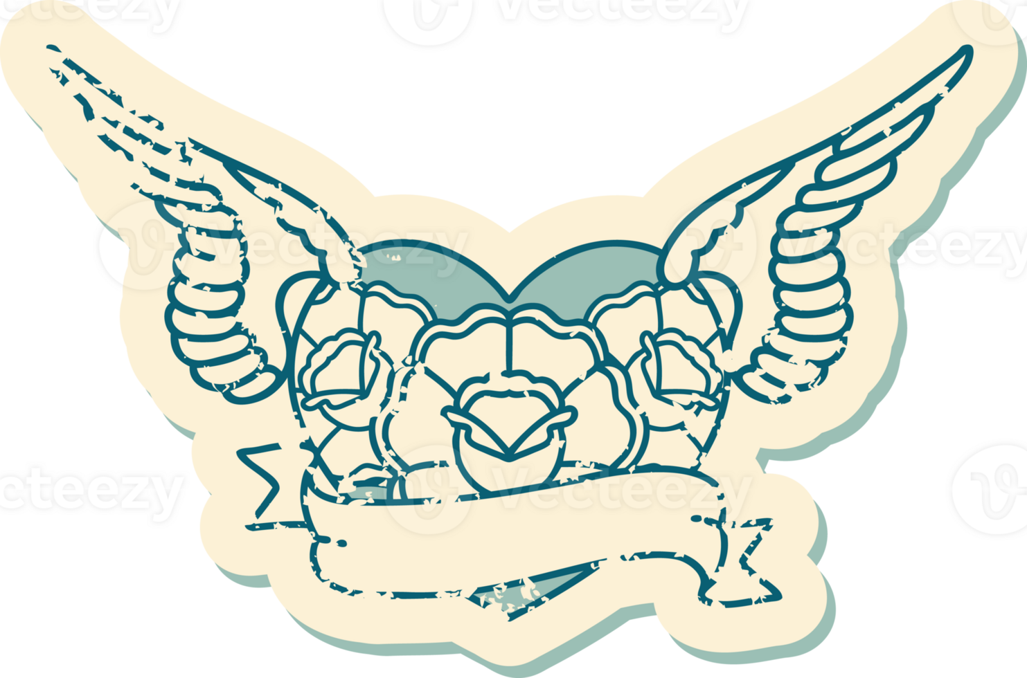 iconic distressed sticker tattoo style image of a flying heart with flowers and banner png