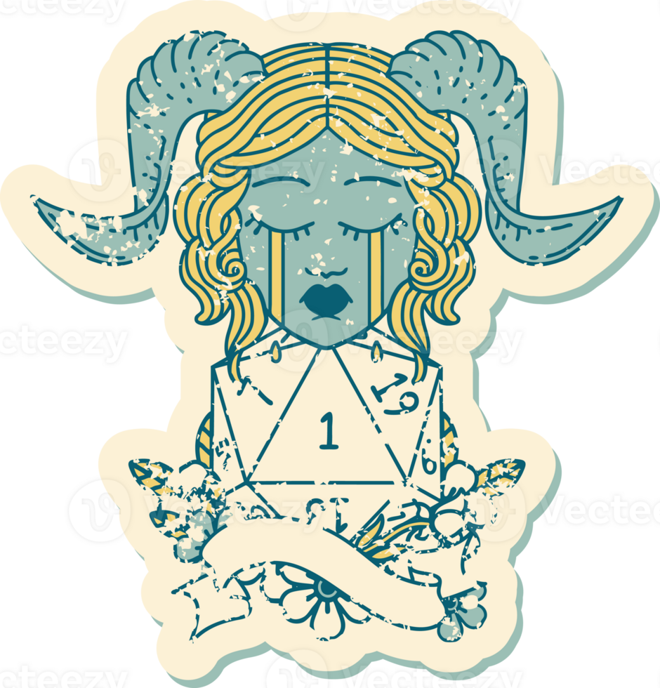 Retro Tattoo Style crying tiefling with natural one D20 roll png