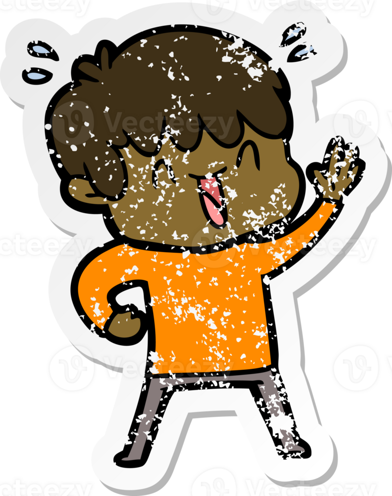 distressed sticker of a cartoon laughing boy png