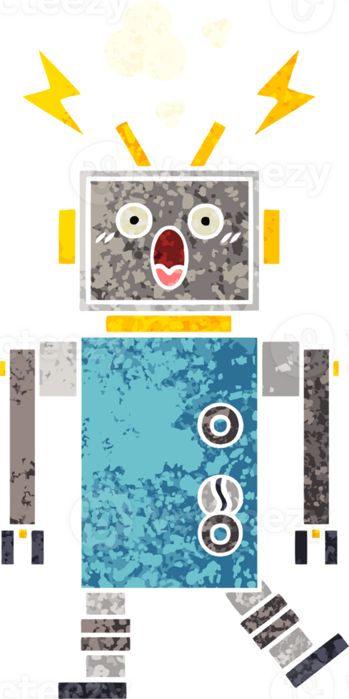 retro illustration style cartoon of a malfunctioning robot png