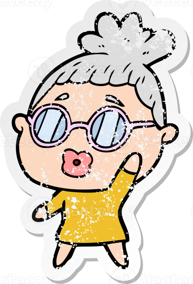 distressed sticker of a cartoon woman wearing spectacles png