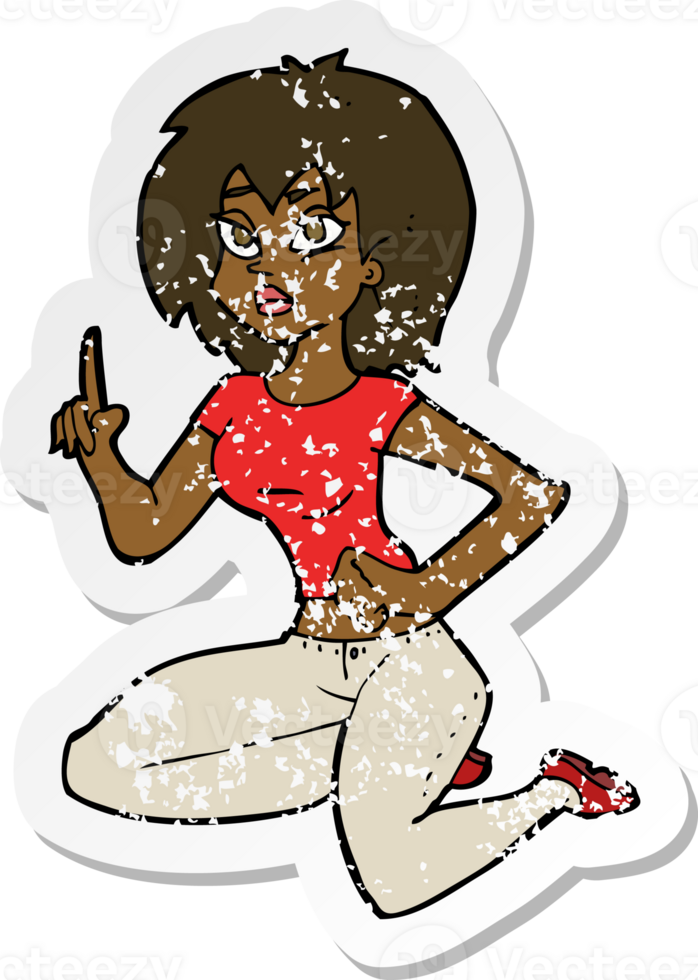 retro distressed sticker of a cartoon sitting woman with idea png