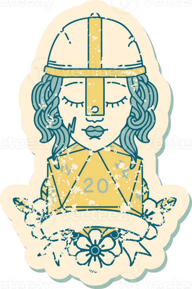 Retro Tattoo Style human fighter with natural 20 roll png