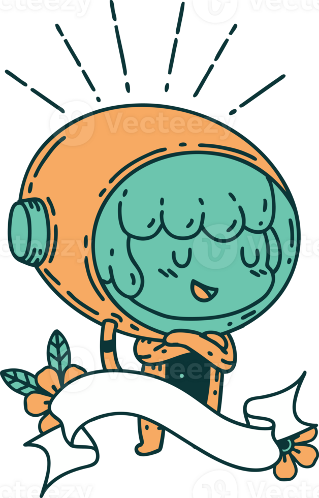 scroll banner with tattoo style woman in astronaut suit png