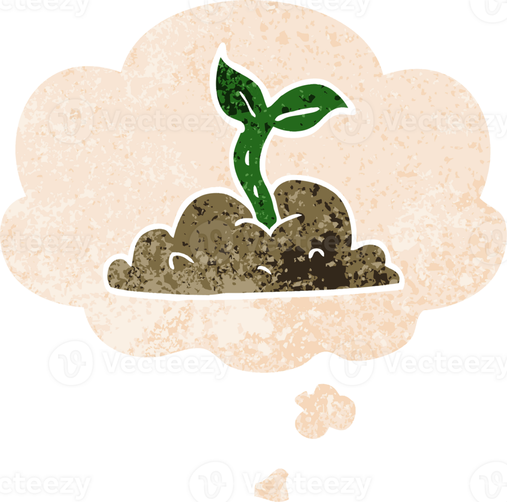 cartoon growing seedling with thought bubble in grunge distressed retro textured style png